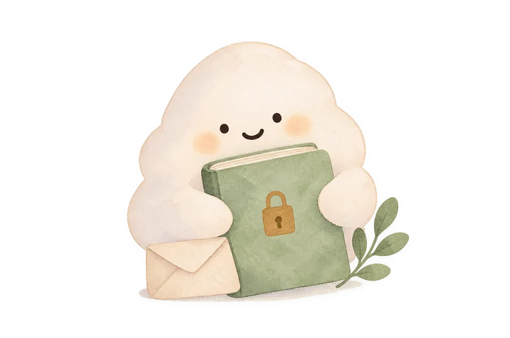 精靈抱著上鎖的日記本，身旁放著一封信